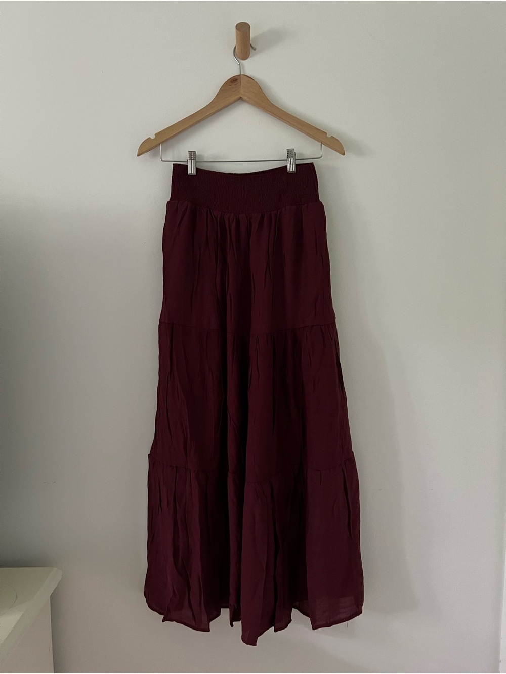 Suzy Shier Wine Tiered Maxi Skirt